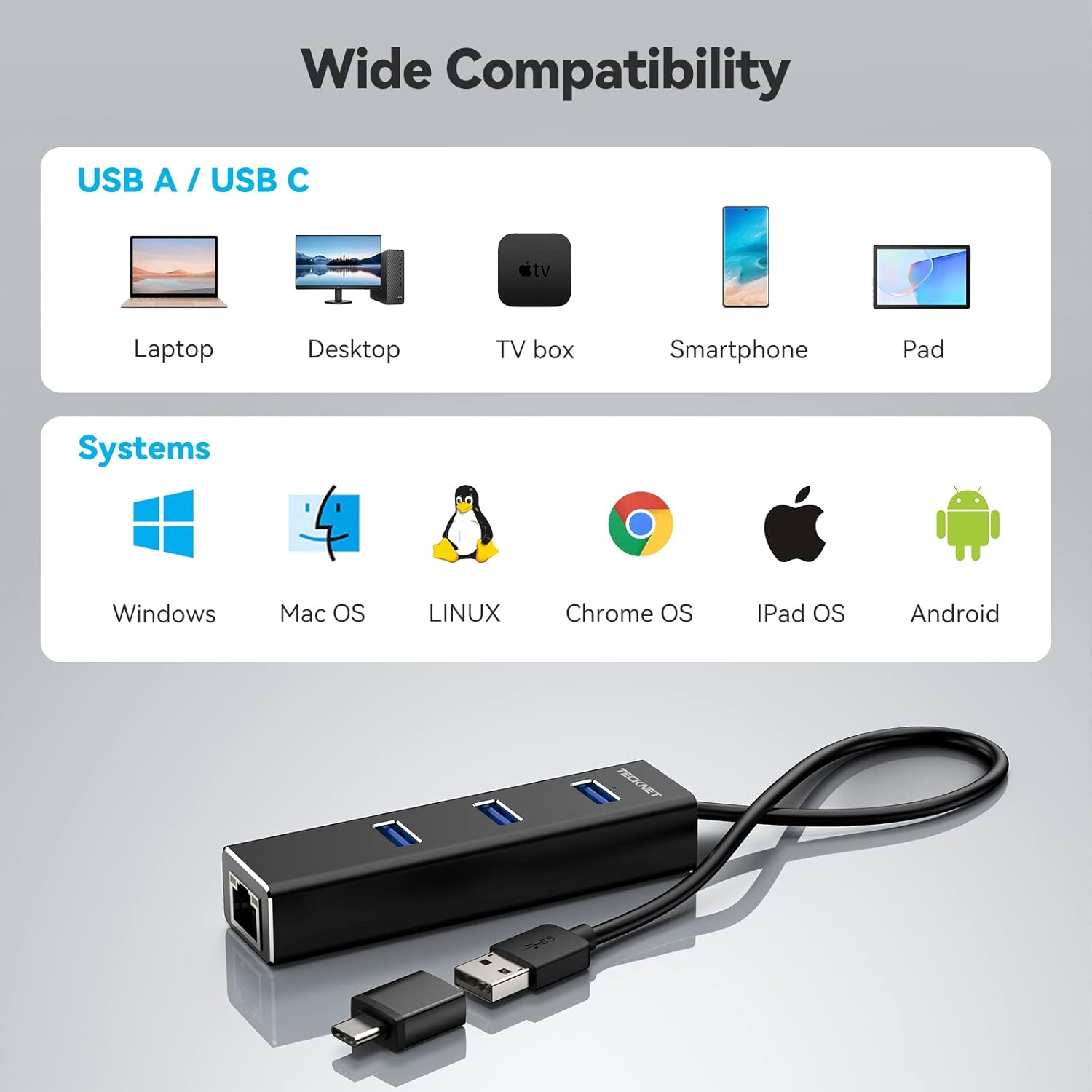 TECKNET USB to Ethernet Adapter, USB C to Ethernet, Aluminum 3 Port USB 3.0 Hub with RJ45 10/100/1000 Gigabit Ethernet Adapter Converter LAN Wired, USB Network Adapter with USB C for Laptop-7