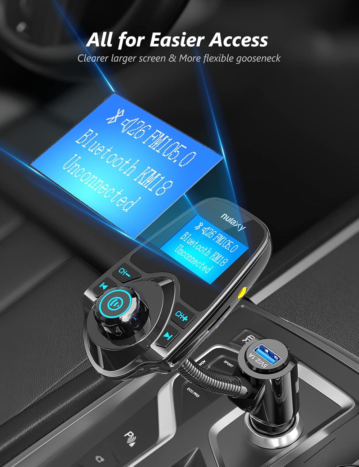 Nulaxy Car Bluetooth FM Transmitter [2024 Upgraded], 1.44" Display Flexible Gooseneck, Handsfree Call Wireless Music Stereo Audio Player Radio Adapter Car Kit USB Phone Charger, TF SD Card AUX-KM18-2