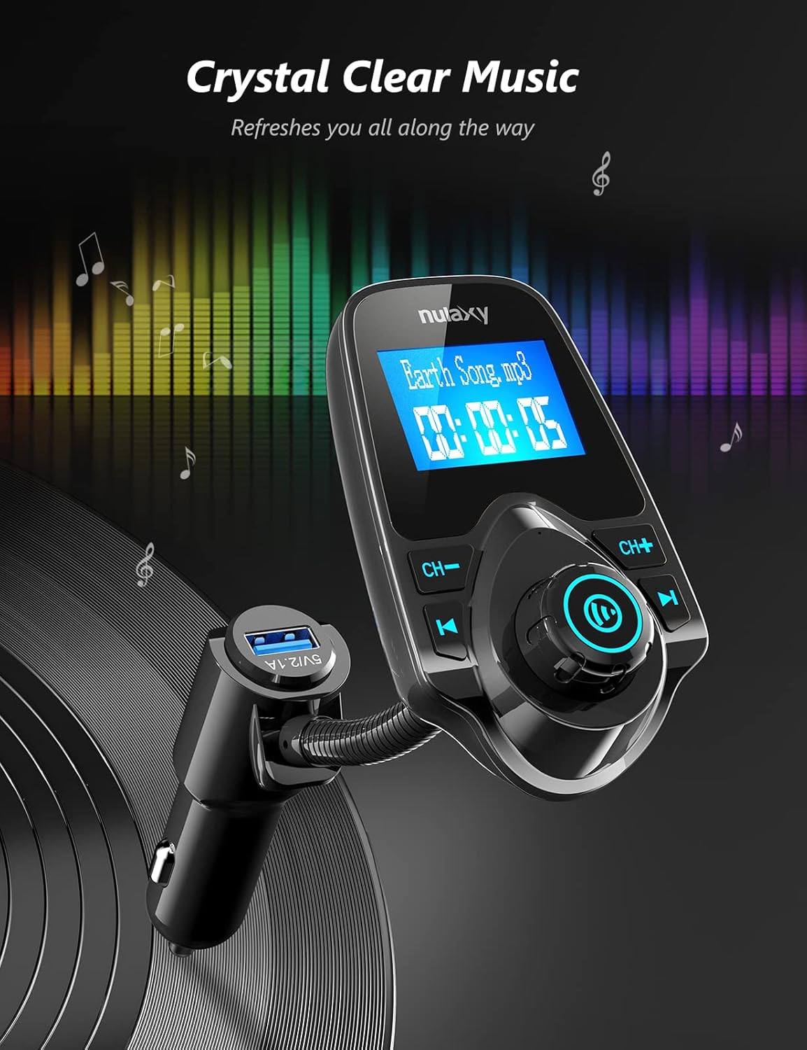 Nulaxy Car Bluetooth FM Transmitter [2024 Upgraded], 1.44" Display Flexible Gooseneck, Handsfree Call Wireless Music Stereo Audio Player Radio Adapter Car Kit USB Phone Charger, TF SD Card AUX-KM18-4