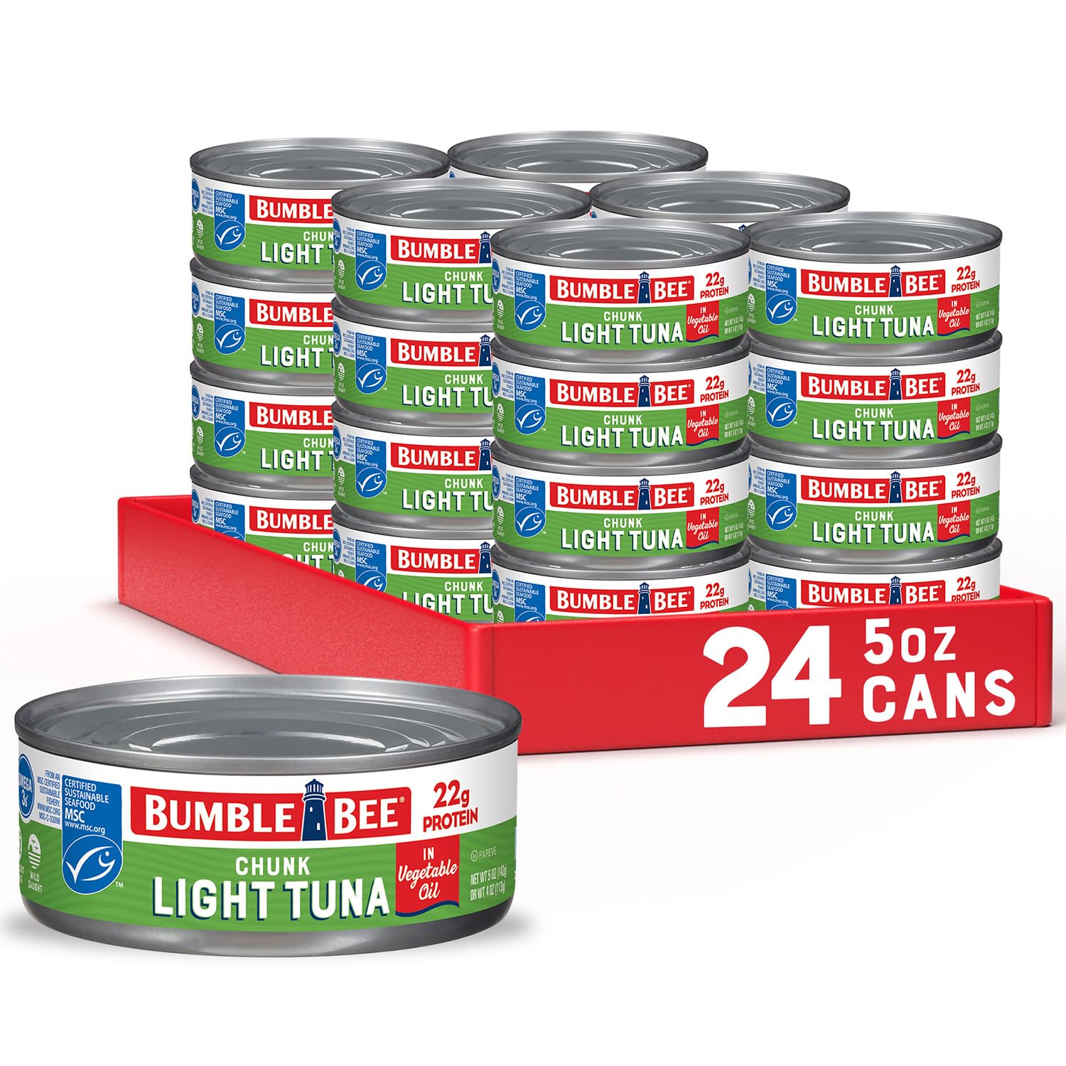 Bumble Bee Chunk Light Tuna In Water, 5 oz Cans (Pack of 24) - Wild Caught Skipjack Tuna - 23g Protein Per Serving - MSC Certified Sustainable Seafood, Non-GMO, Gluten Free, Kosher-0