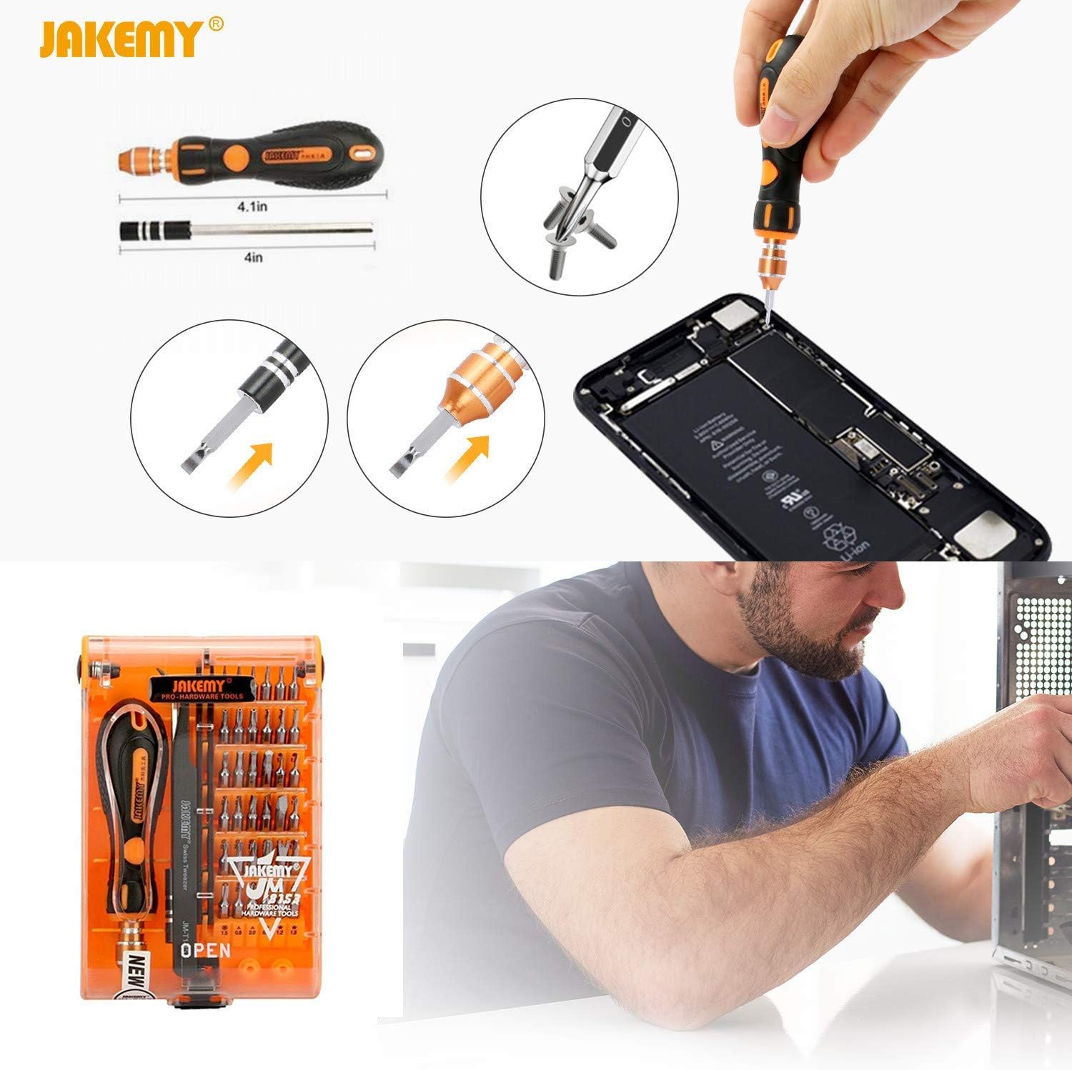 Screwdriver Set By JAKEMY, 43 in 1 Precision Screwdriver Kit Magnetic Replaceable Bits Repair Tool Kit Opening Tool and Tweezer for phone Cellphone PC Electronics-3