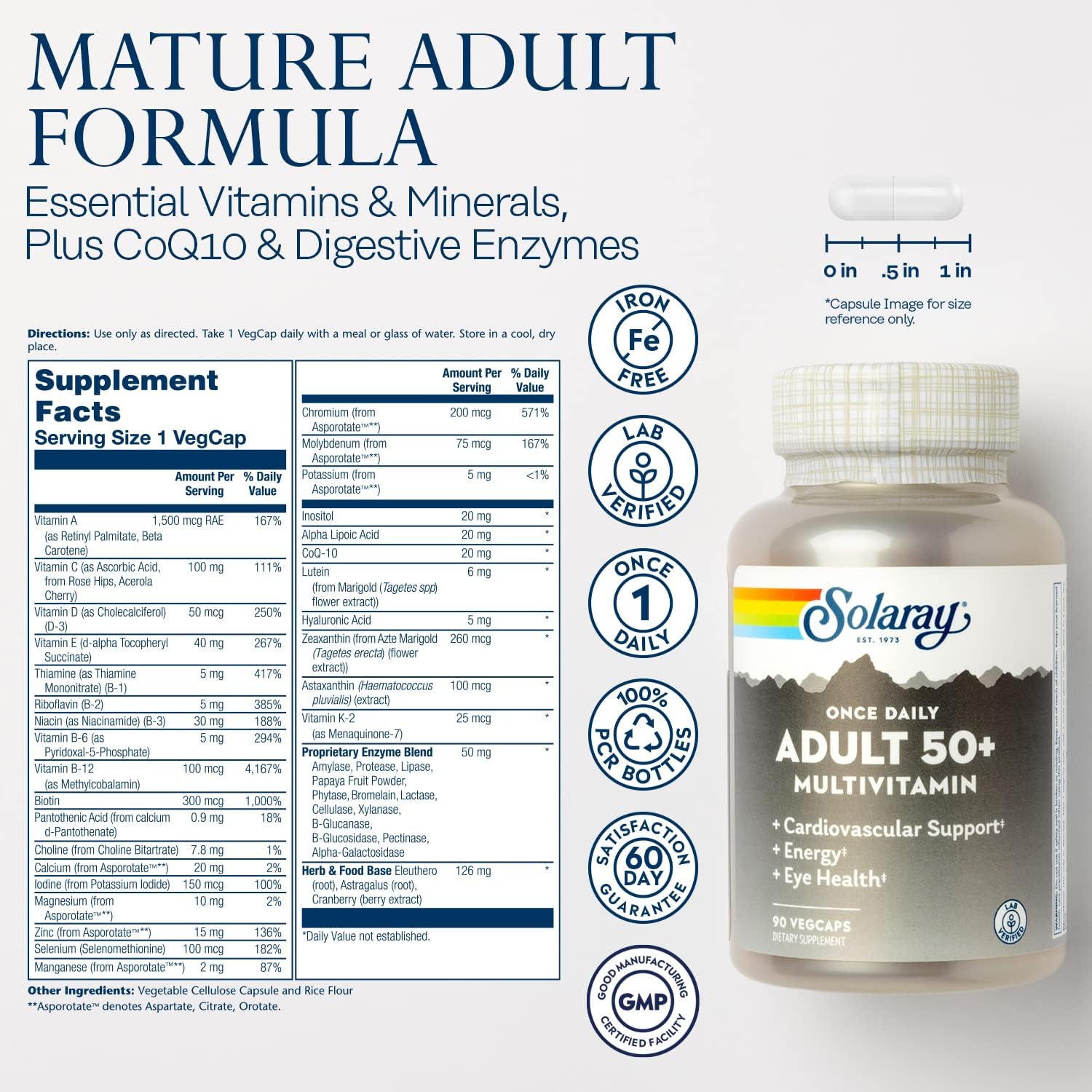 Solaray Once Daily Adult 50+ Multivitamin Healthy Energy, Heart & Immune Support for Mature Adults 90 CT-1