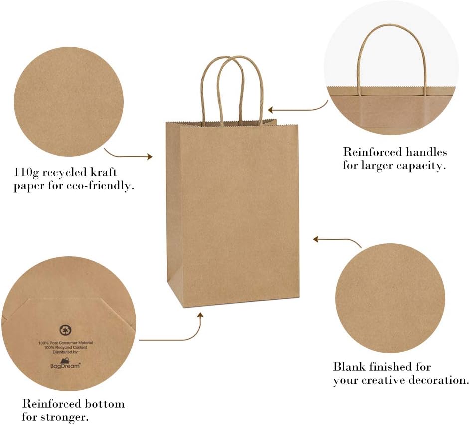 BagDream 100Pcs 5.25x3x8 Inches Gift Bags Small Paper Bags with Handles Bulk Kraft Brown Paper Shopping Wedding Birthday Party Favor Gift Bags For Goody Craft-4