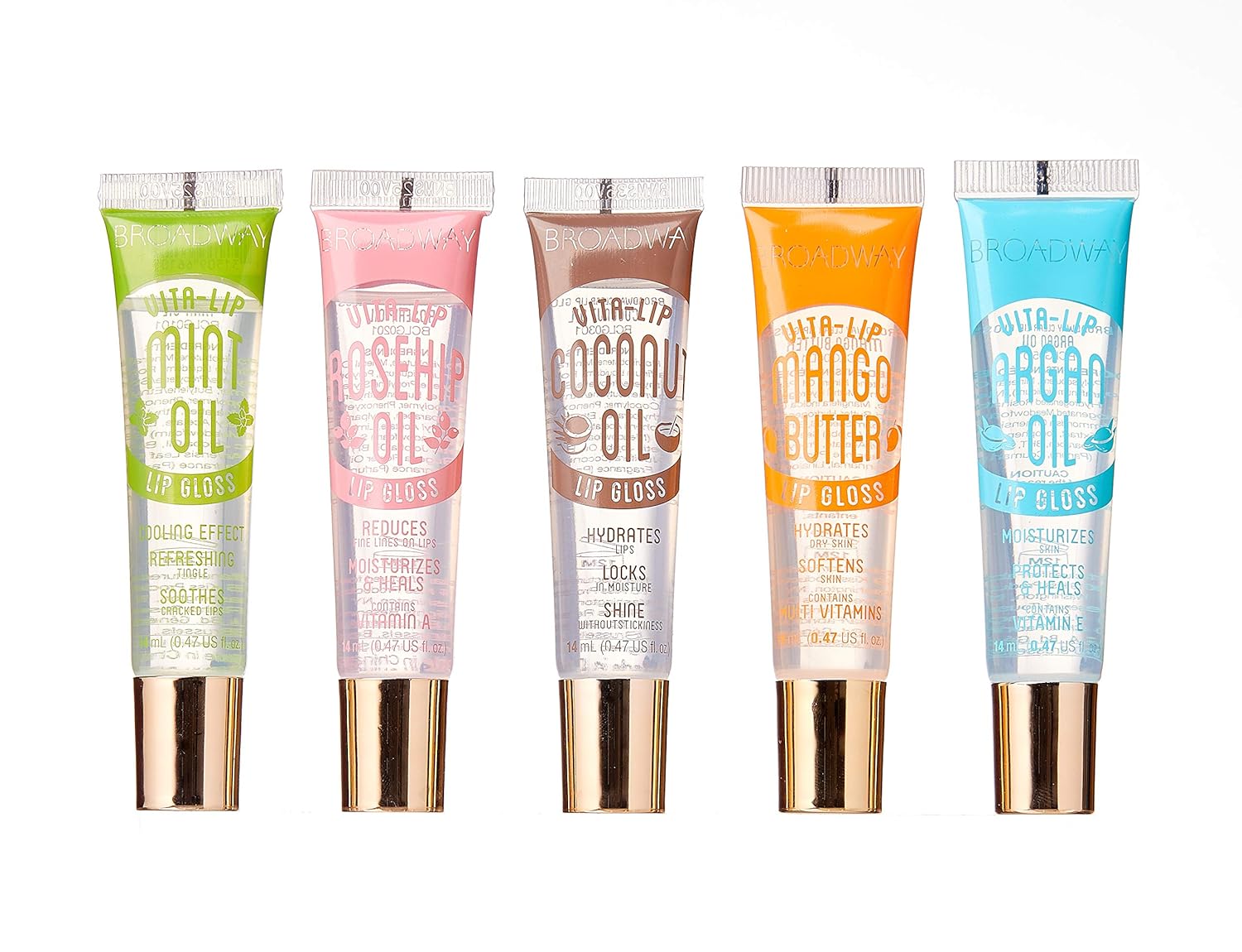 Broadway Vita-Lip Clear Lip Gloss 0.47oz/14ml (5PCS Mint & Coconut & Rosehip & Mango Butter & Argan Oil) (5 PCS SET)-0