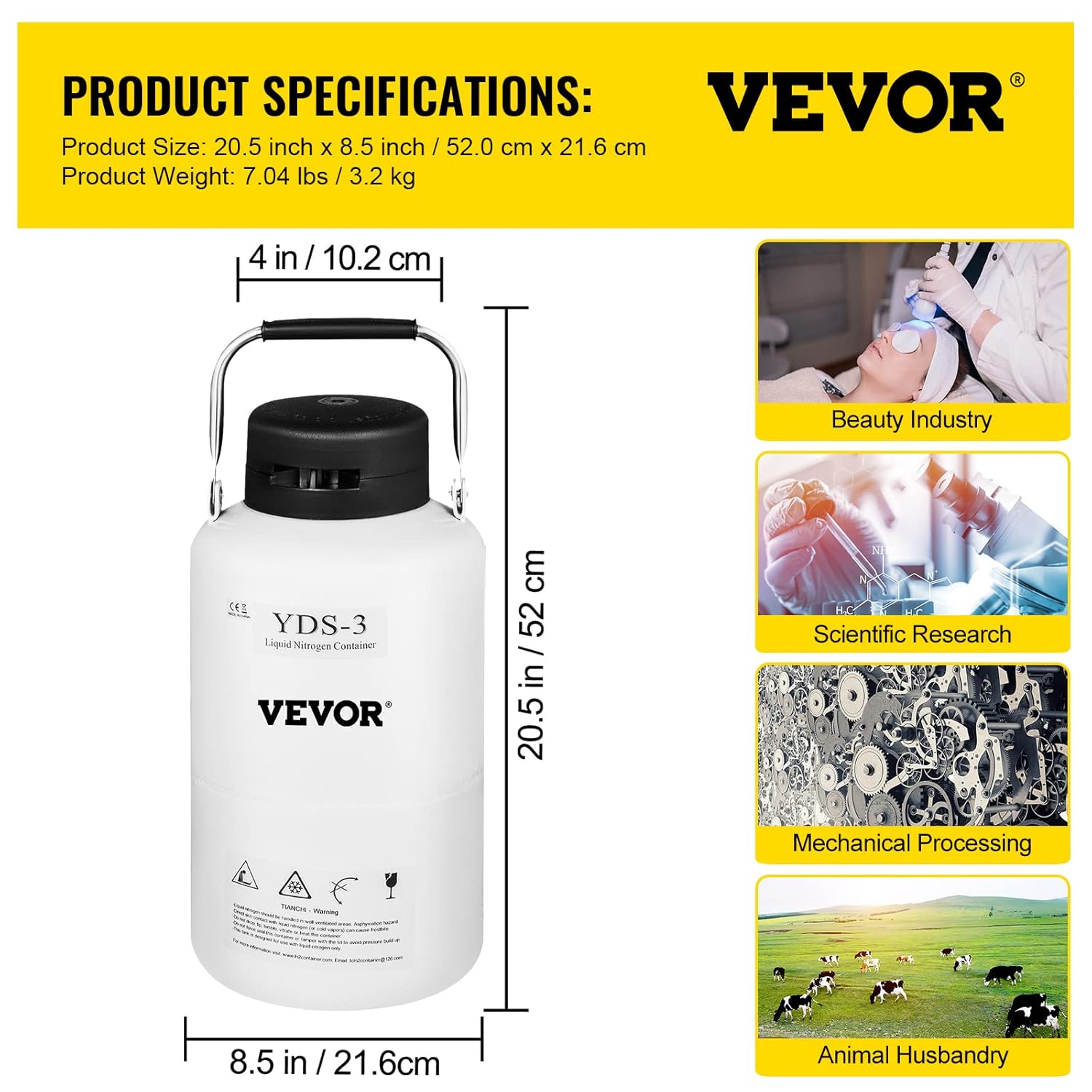 Vevor 3L Liquid Nitrogen Tank Aluminum Alloy Liquid Nitrogen Dewar Container Cryogenic Container Liquid Nitrogen Container with 6 Canisters and Carry Bag: Industrial & Scientific-6