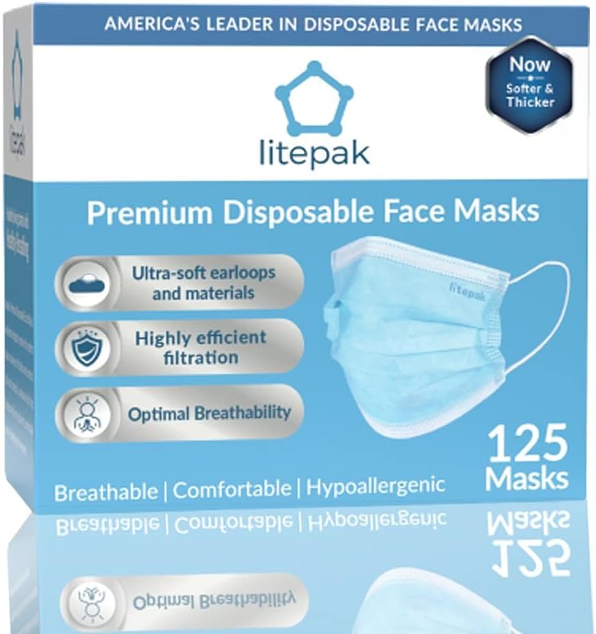 Litepak 125-Pack Disposable Face Mask Premium Comfort Earloops with Dispenser Box-0