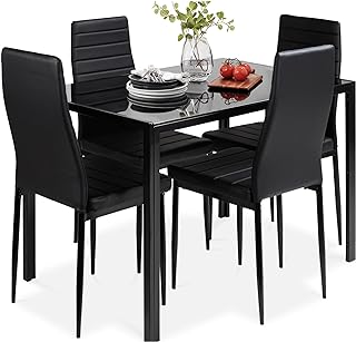 Best Choice Products 5-Piece Glass Dining Set, Modern Kitchen Table Furniture for Dining Room, Dinette, Compact Space-Saving w/Glass Tabletop, 4 Upholstered PU Chairs, Metal Steel Frame - Black