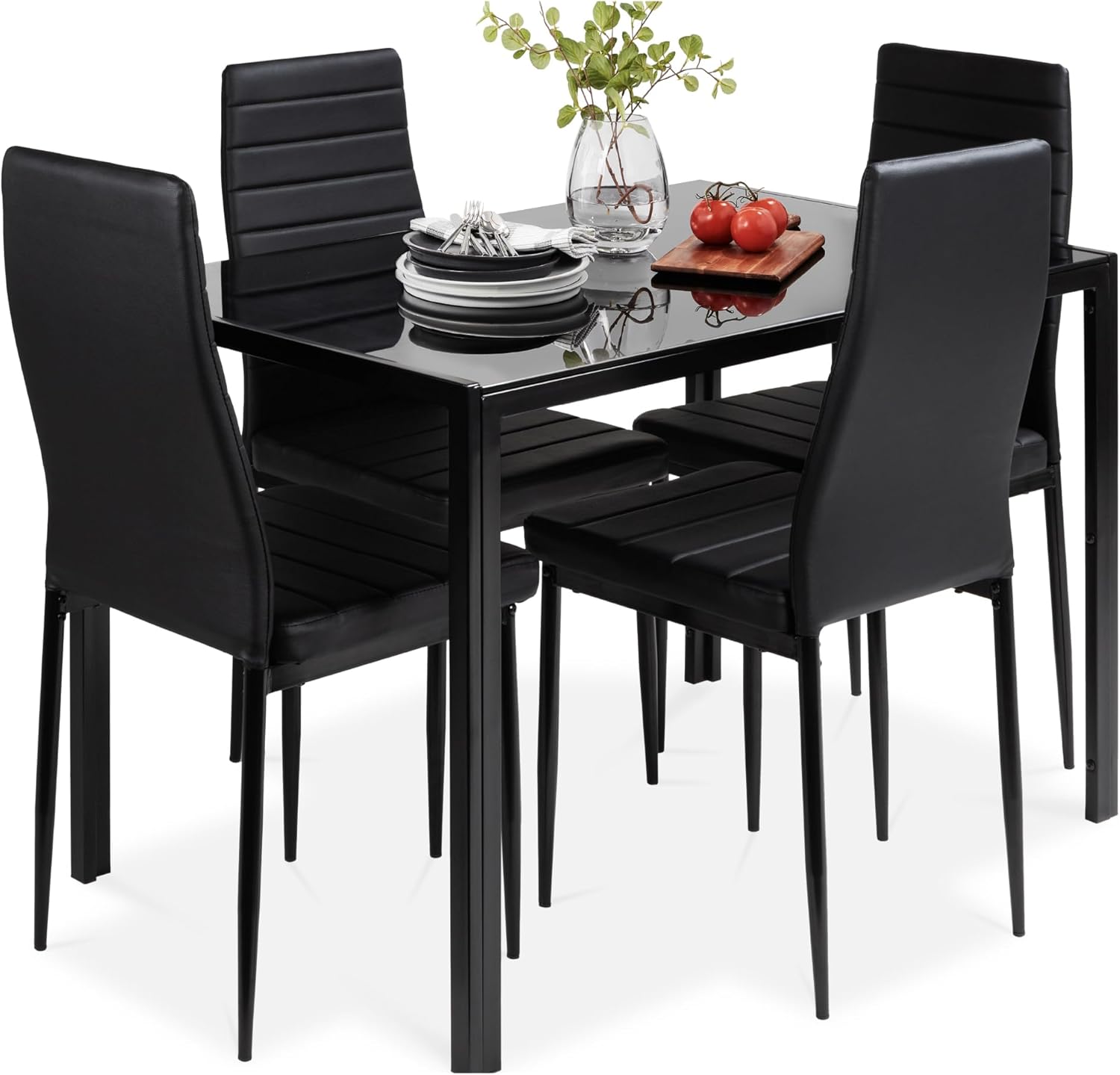 Best Choice Products 5-Piece Glass Dining Set, Modern Kitchen Table Furniture for Dining Room, Dinette, Compact Space-Saving w/Glass Tabletop, 4 Upholstered PU Chairs, Metal Steel Frame - Black-0