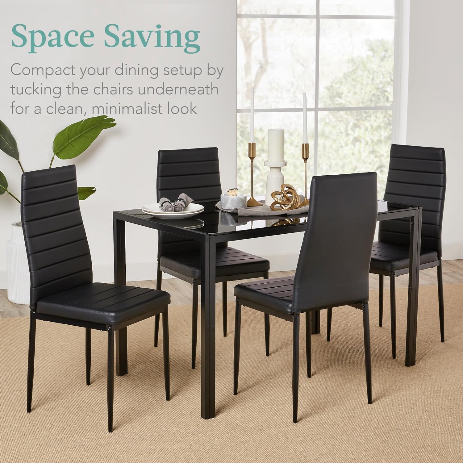 Best Choice Products 5-Piece Glass Dining Set, Modern Kitchen Table Furniture for Dining Room, Dinette, Compact Space-Saving w/Glass Tabletop, 4 Upholstered PU Chairs, Metal Steel Frame - Black-5