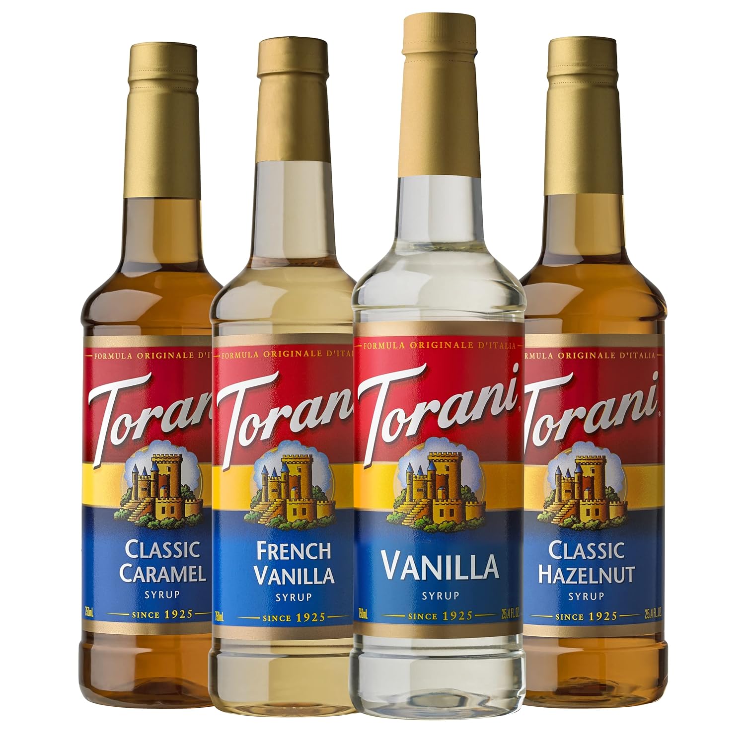 Torani Variety Pack Caramel, French Vanilla, Vanilla & Hazelnut, 25.4 Ounces (Pack of 4)-0