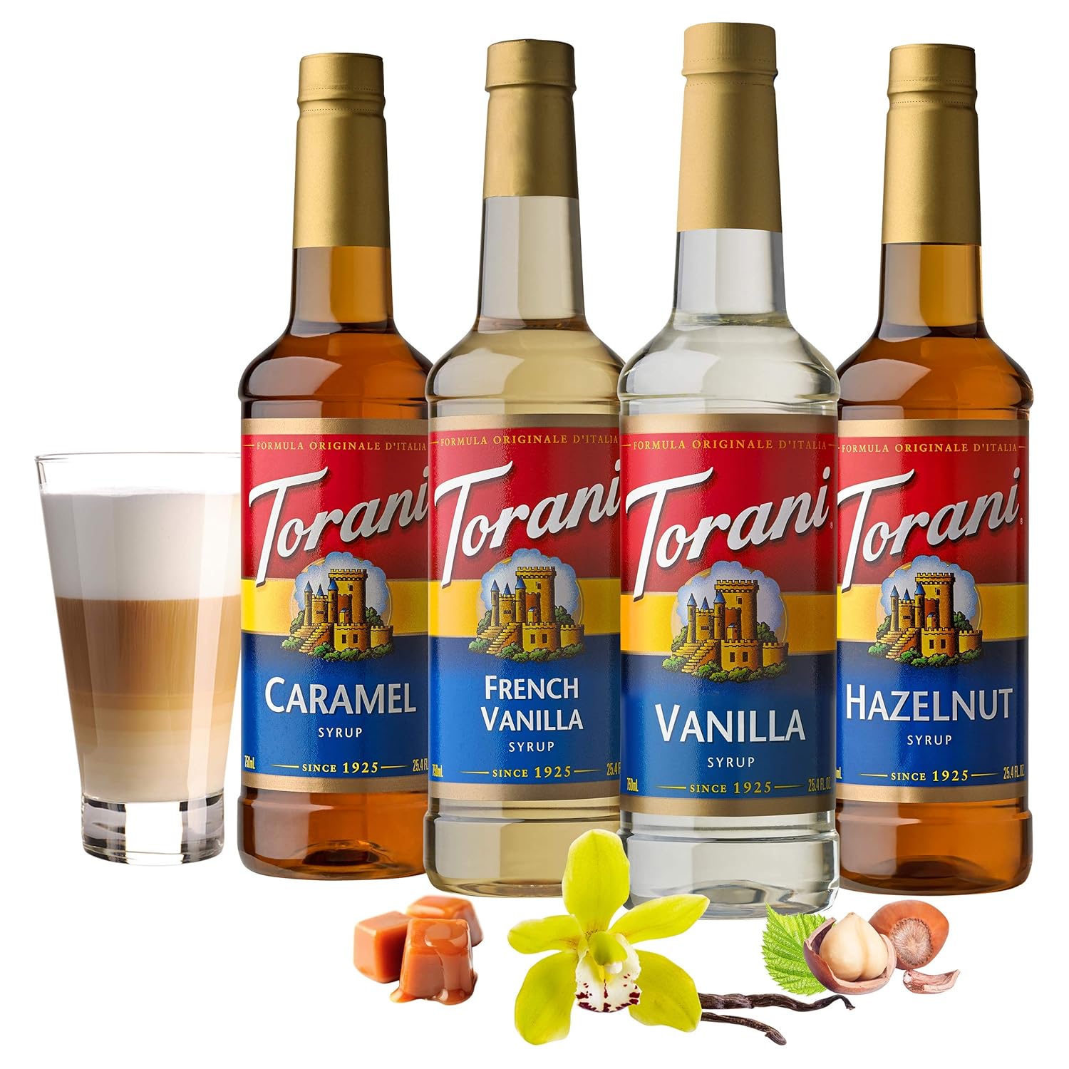 Torani Variety Pack Caramel, French Vanilla, Vanilla & Hazelnut, 25.4 Ounces (Pack of 4)-1