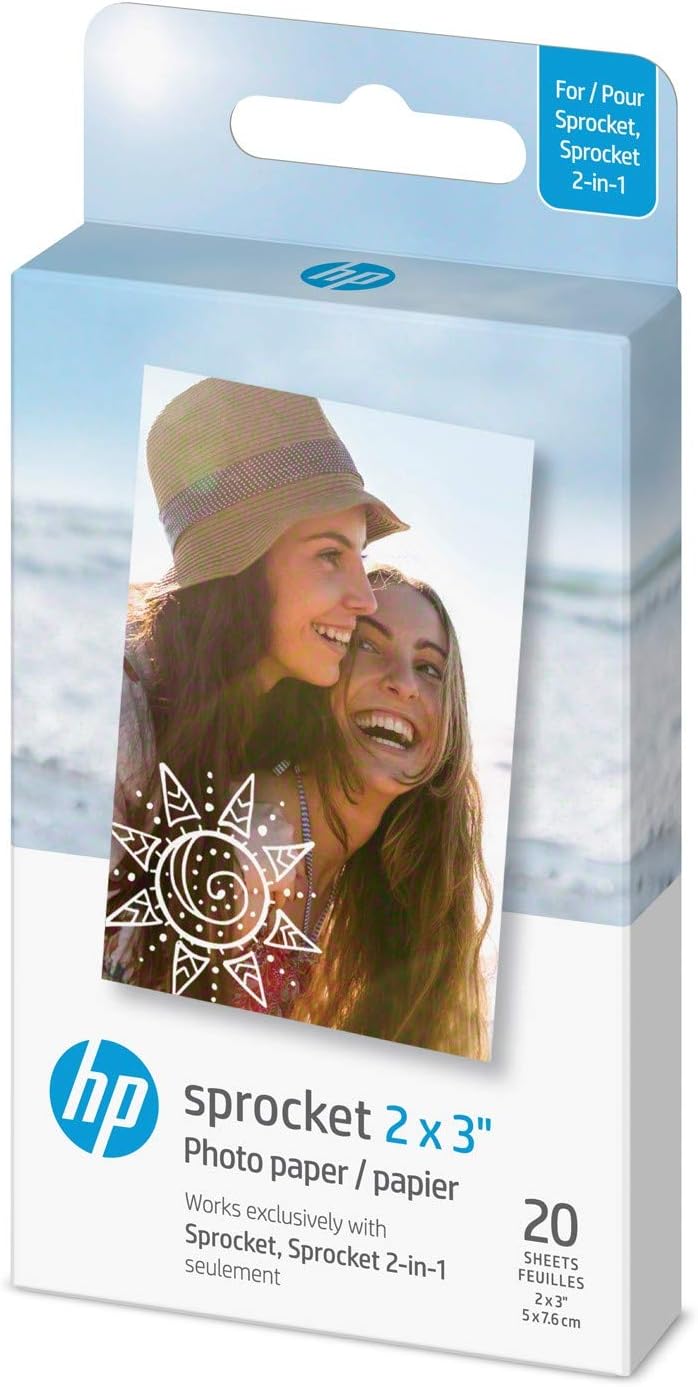 HP Sprocket 2x3" Premium Zink Sticky Back Photo Paper (20 Sheets) Compatible with HP Sprocket Photo Printers, White-0