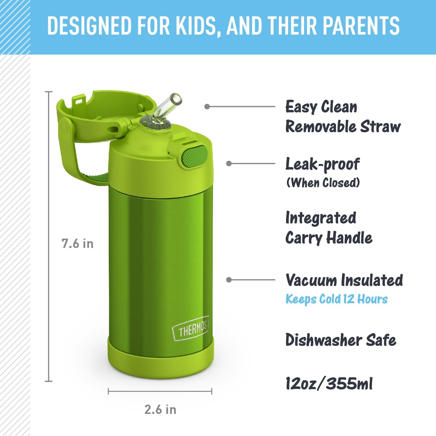 THERMOS FUNTAINER Water Bottle with Straw - 12 Ounce, Lime - Kids Stainless Steel Vacuum Insulated Water Bottle with Lid-1