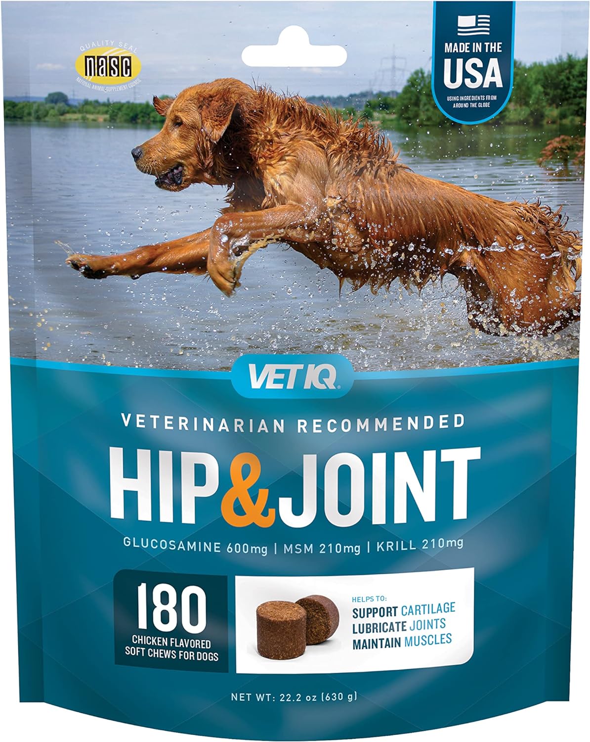 VetIQ Glucosamine Hip & Joint Supplement for Dogs, 180 Soft Chews, Dog Joint Support Supplement with MSM and Krill, Dog Health Supplies Large & Small Breed, Chicken Flavored Chewables-0