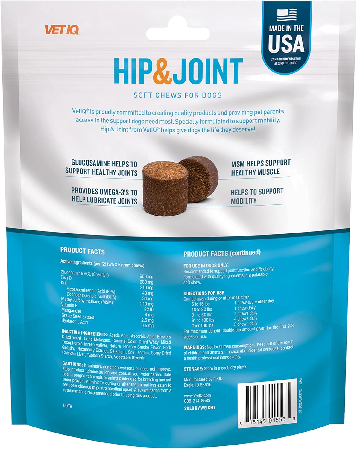 VetIQ Glucosamine Hip & Joint Supplement for Dogs, 180 Soft Chews, Dog Joint Support Supplement with MSM and Krill, Dog Health Supplies Large & Small Breed, Chicken Flavored Chewables-1