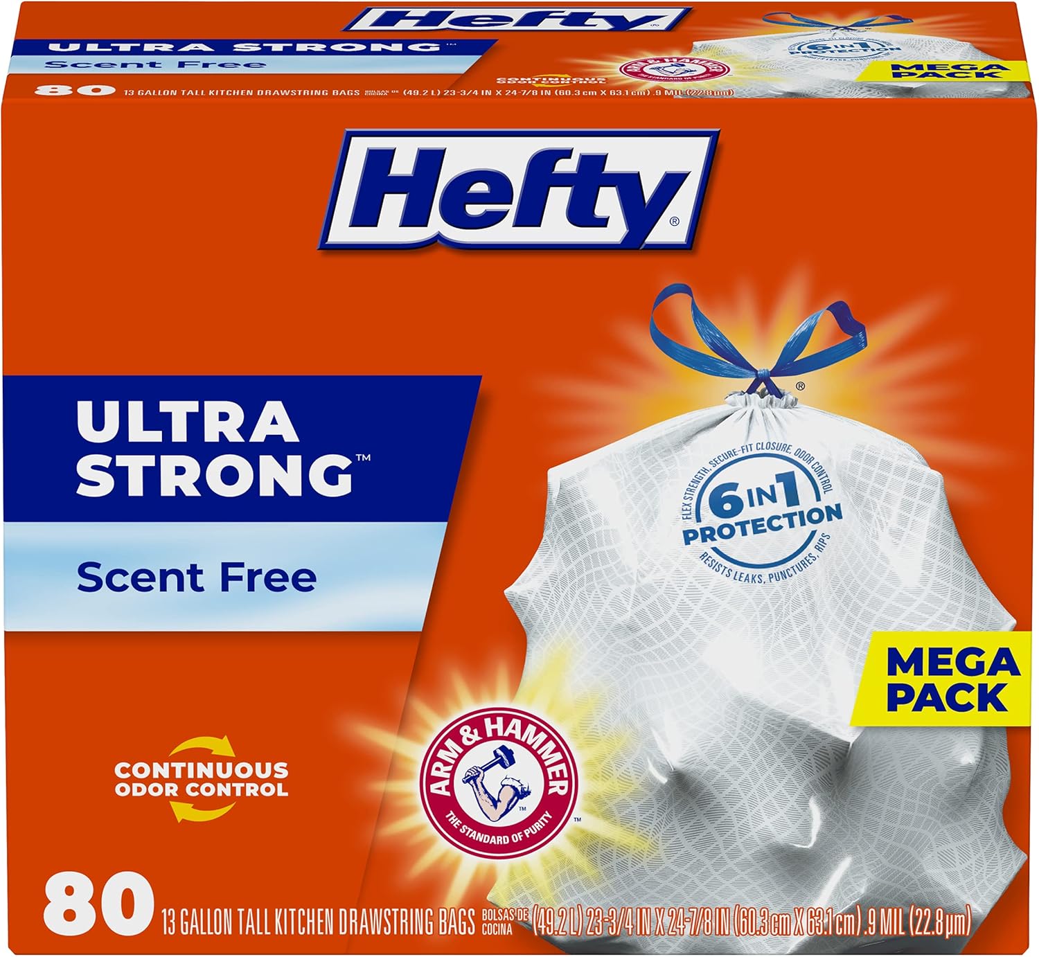 Hefty Ultra Strong Tall Kitchen Trash Bags, Unscented, 13 Gallon, (80 Count)-0