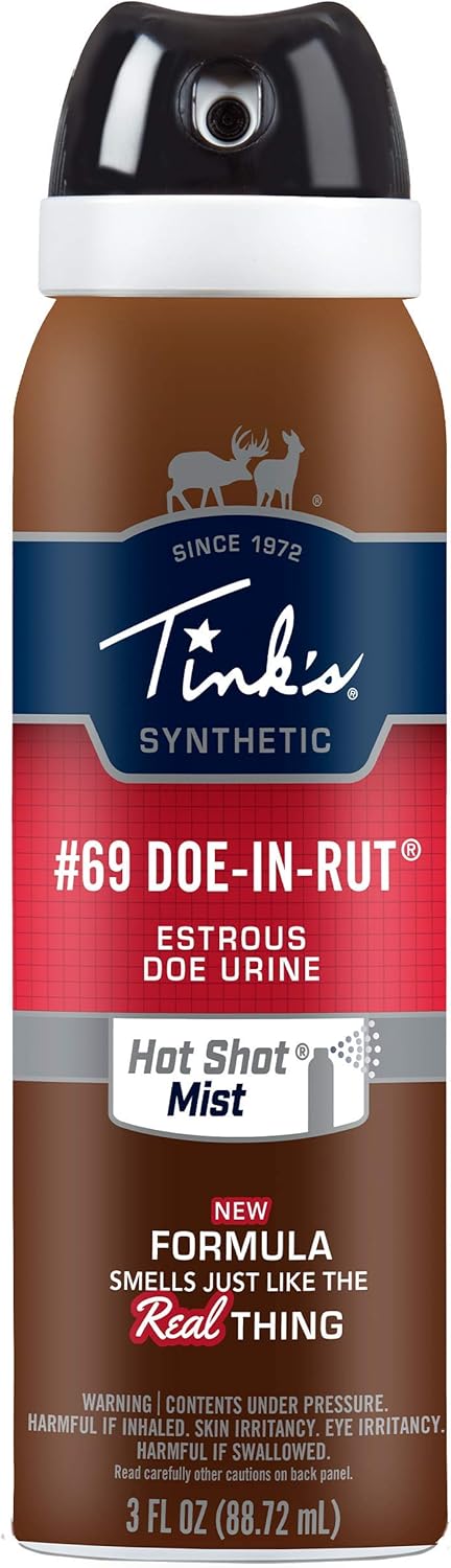 TINK'S Hot Shot #69 Doe-in-Rut Synthetic Estrous Mist | 3 Fl Oz Spray Bottle | Deer Attractant, Hunting Accessories, Synthetic Deer Scent | Powerful Fine Mist | Secure Locking Cap Brown W5260-0