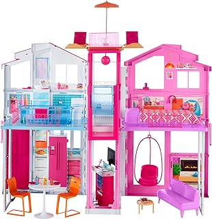 Barbie Doll House Playset, 3-Story Townhouse with 4 Rooms & Rooftop Lounge, Furniture & Accessories Including Swinging Chair (Amazon Exclusive)