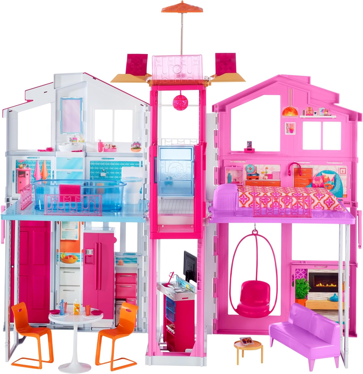 Barbie Doll House Playset, 3-Story Townhouse with 4 Rooms & Rooftop Lounge, Furniture & Accessories Including Swinging Chair (Amazon Exclusive)-0