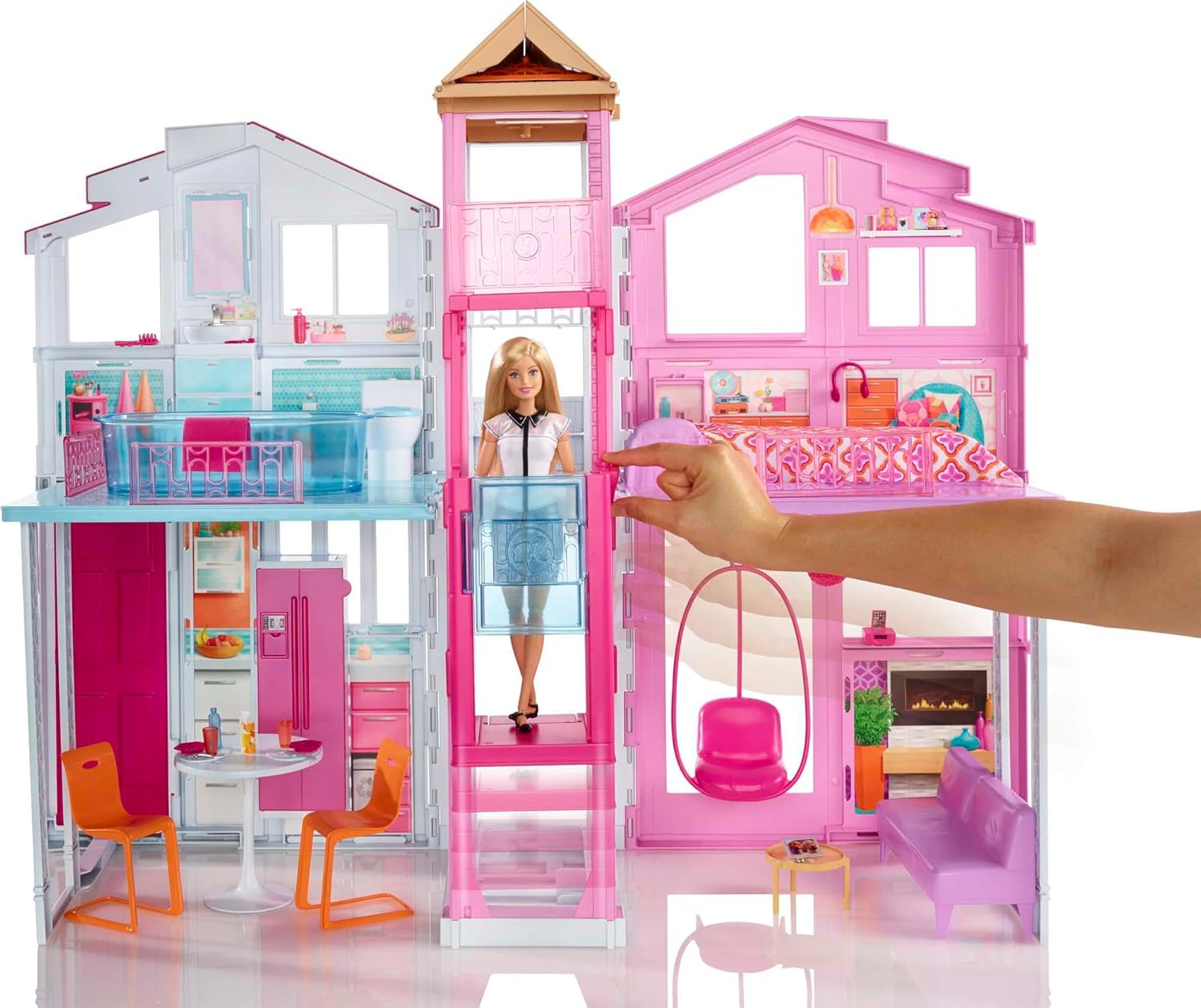 Barbie Doll House Playset, 3-Story Townhouse with 4 Rooms & Rooftop Lounge, Furniture & Accessories Including Swinging Chair (Amazon Exclusive)-2