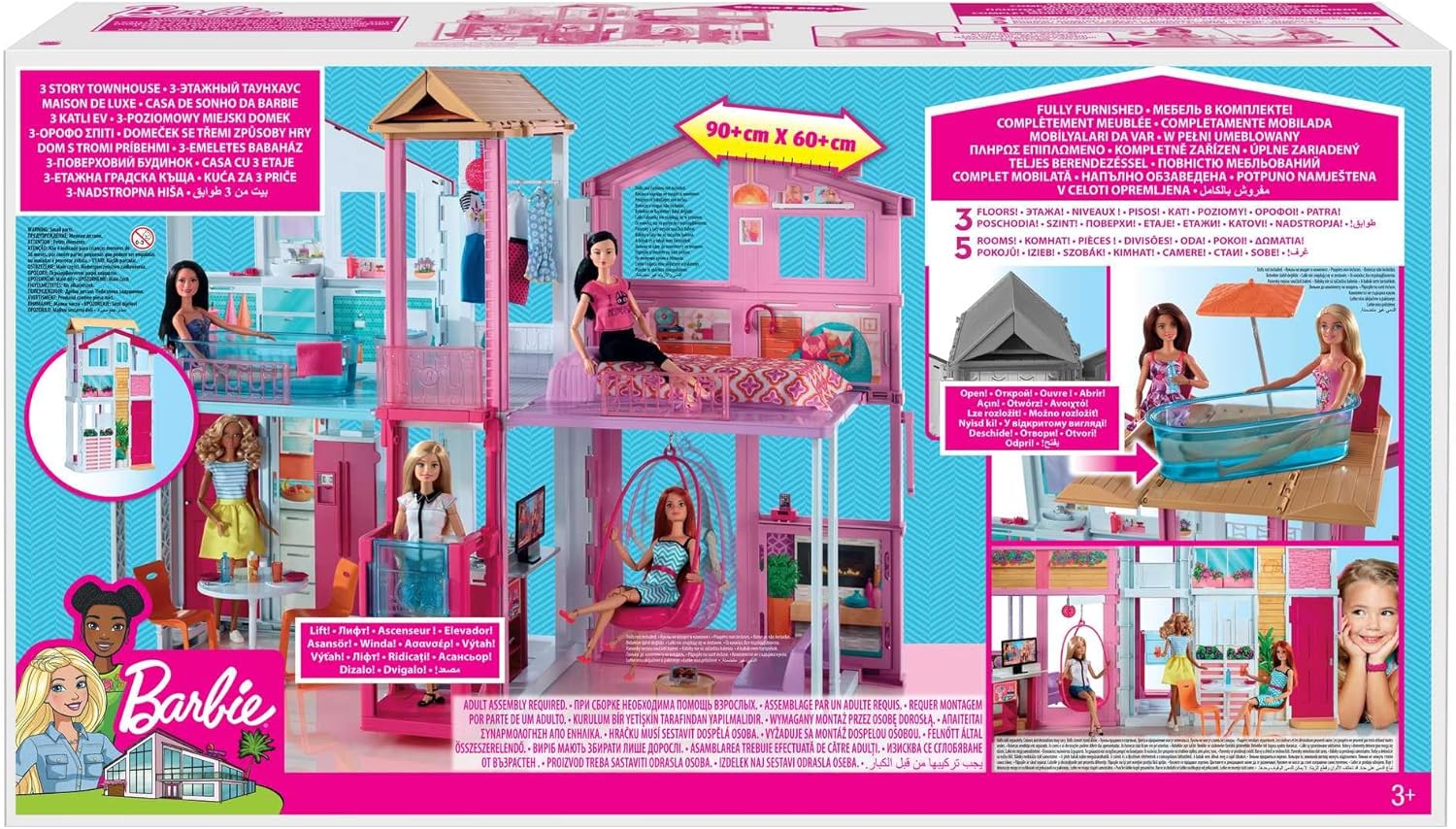 Barbie Doll House Playset, 3-Story Townhouse with 4 Rooms & Rooftop Lounge, Furniture & Accessories Including Swinging Chair (Amazon Exclusive)-5