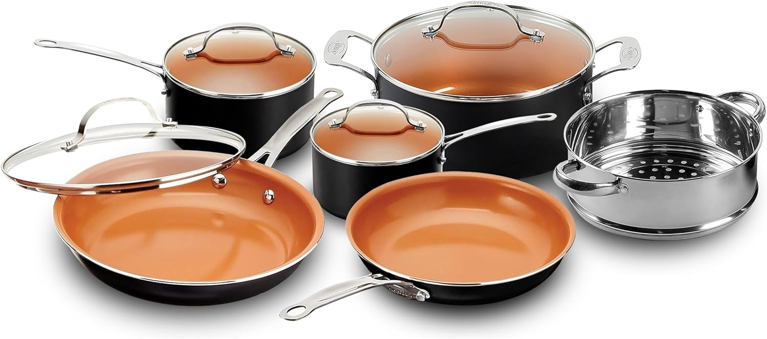 Gotham Steel 10 Piece Pots and Pans Set with Ultra Nonstick Diamond Surface, Includes Frying Pans, Stock Pots, Saucepans & More, Stay Cool Handles, Oven Metal Utensil & Dishwasher Safe, 100% PFOA Free-0