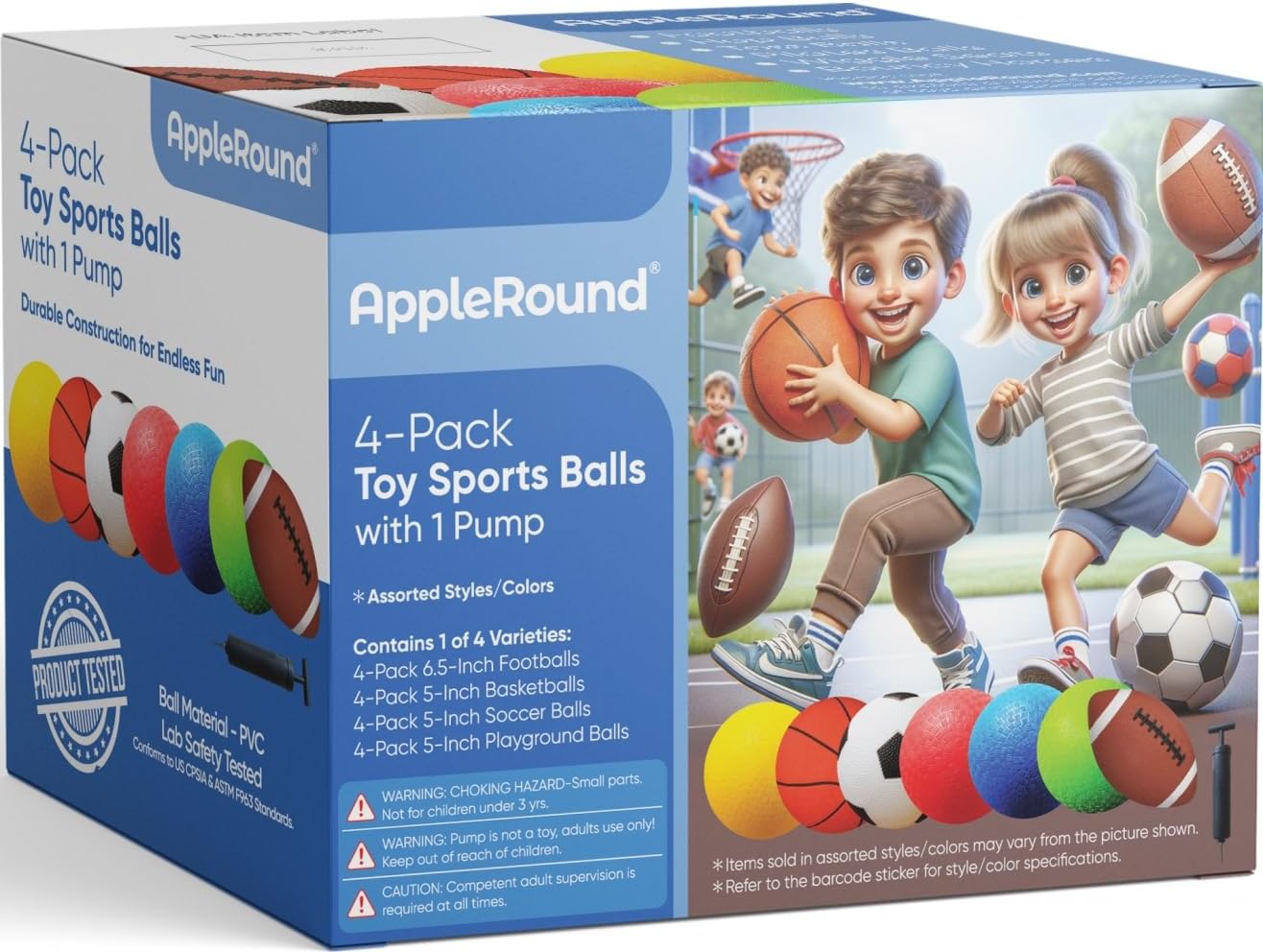 AppleRound Pack of 4 Toy Sports Balls with 1 Pump for Toddlers and Kids: 5-Inch Basketball, 5-Inch Soccer Ball, 5-Inch Playground Ball, 6.5-Inch Football (Mixed Bundle)-5