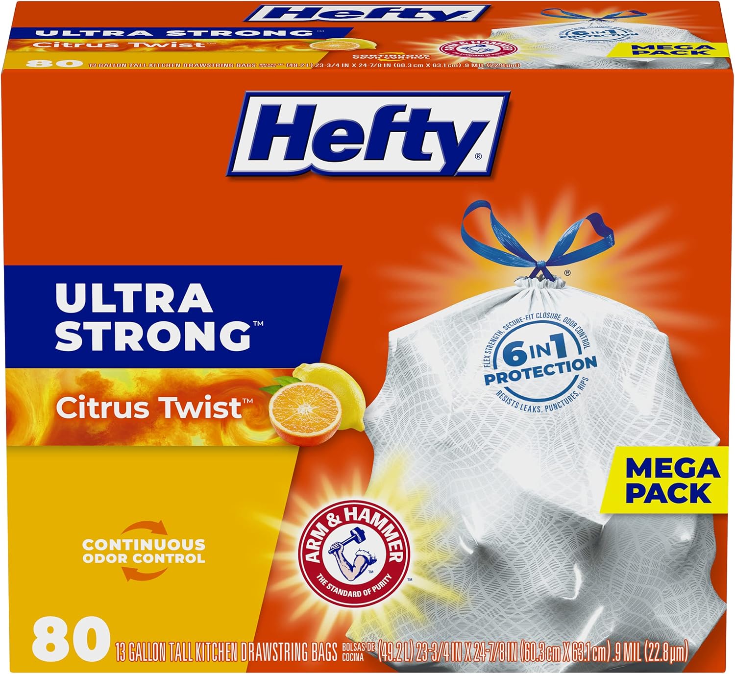 Hefty Ultra Strong Tall Kitchen Trash Bags, 13 Gallon Citrus Twist Scent, 80 Count (Pack of 1), White-0