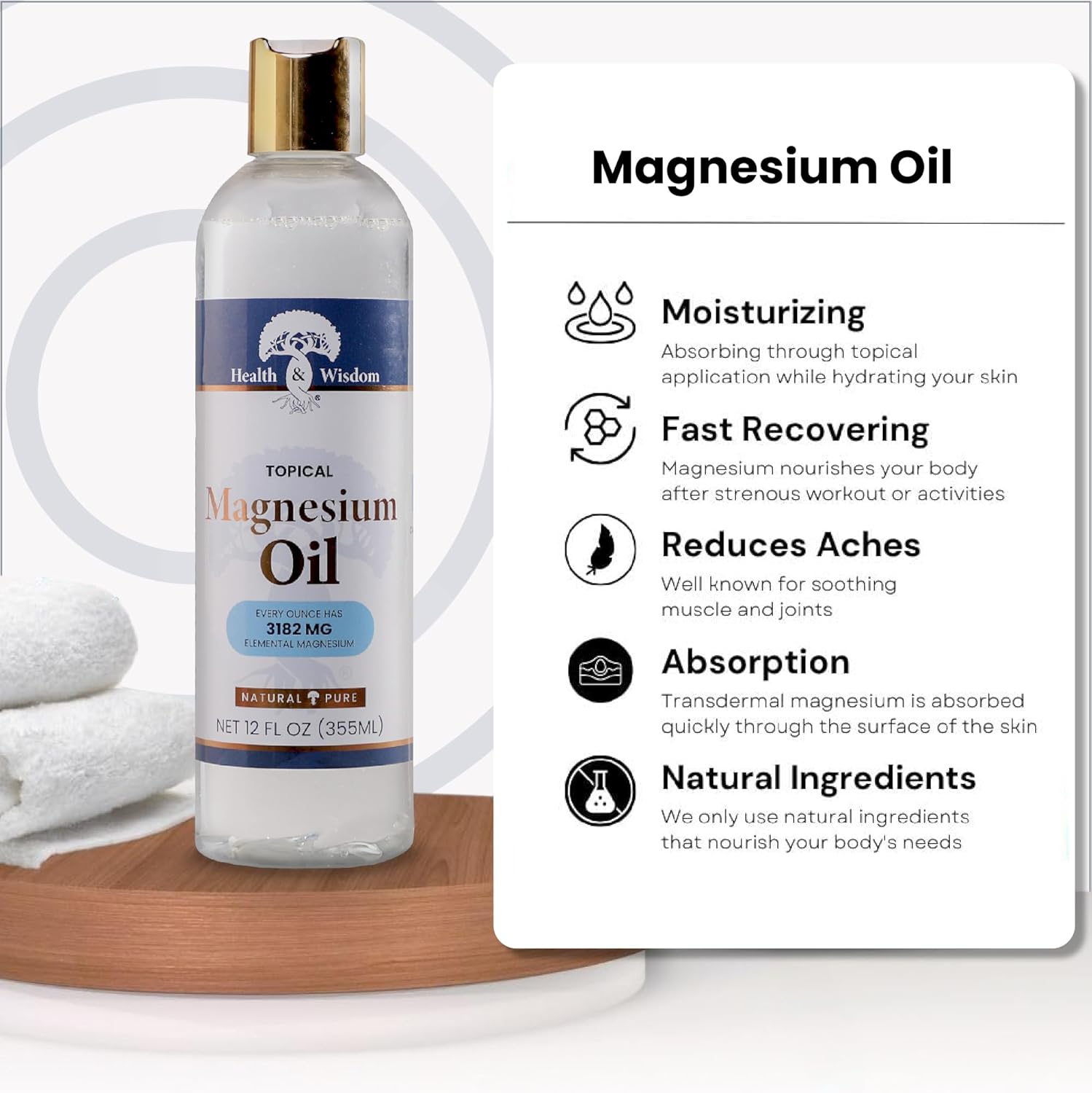 Health and Wisdom Topical Magnesium Oil - Pure Magnesium Oil, Magnesium Oil for Feet, Transdermal Magnesium Oil for Bath, Magnesium Massage Oil, Magnesium Chloride Oil, Magnesium Soak - 12 Fl Oz-4