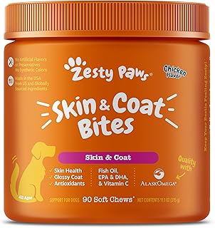 Zesty Paws Omega 3 Alaskan Fish Oil Chew Treats for Dogs - with AlaskOmega for EPA & DHA Fatty Acids - Hip & Joint Support + Skin & Coat Chicken Flavor (90 Soft Chews)