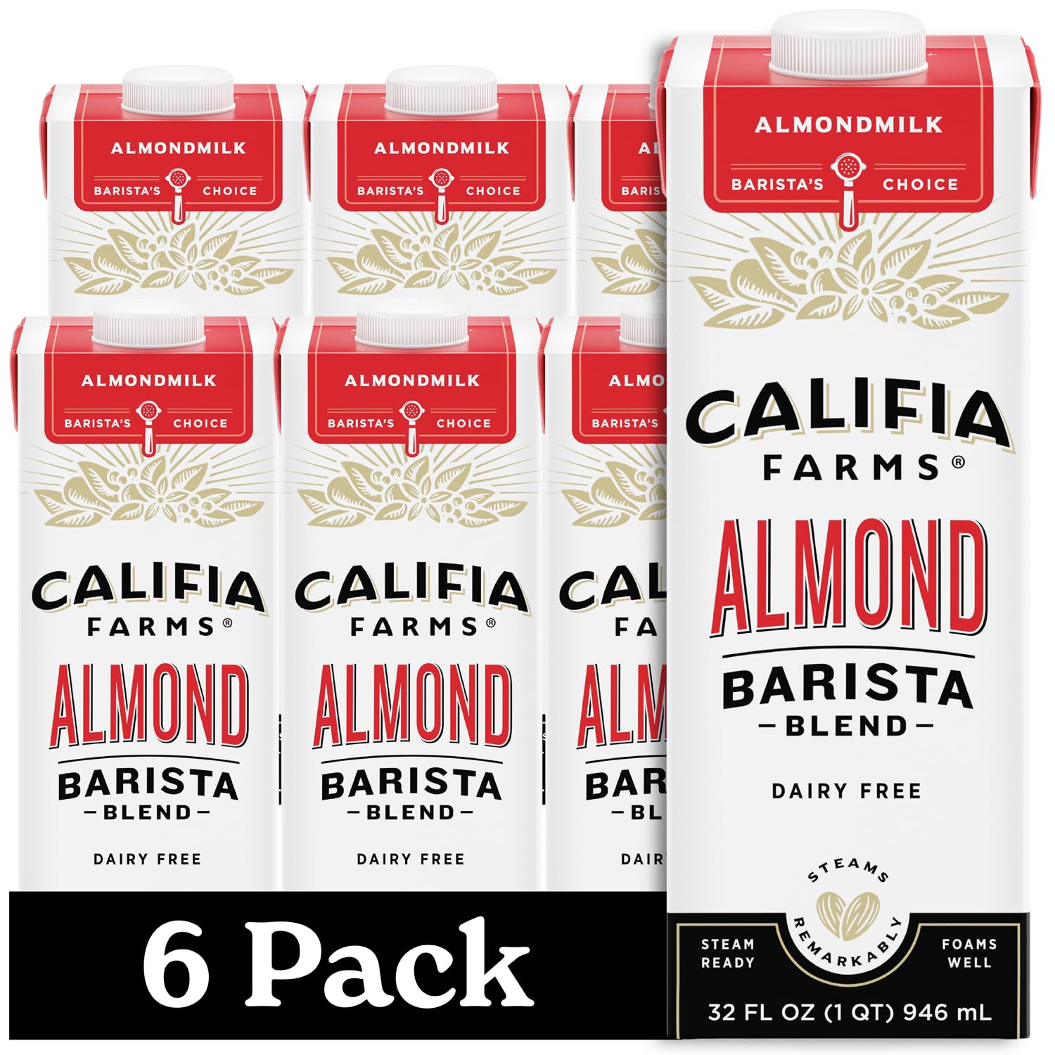 Califia Farms - Original Almond Barista Blend Almond Milk 32 Oz (Pack Of 6), Shelf Stable, Dairy Free, Plant Based, Vegan, Gluten Free, Non GMO, High Calcium, Milk Frother, Creamer-0