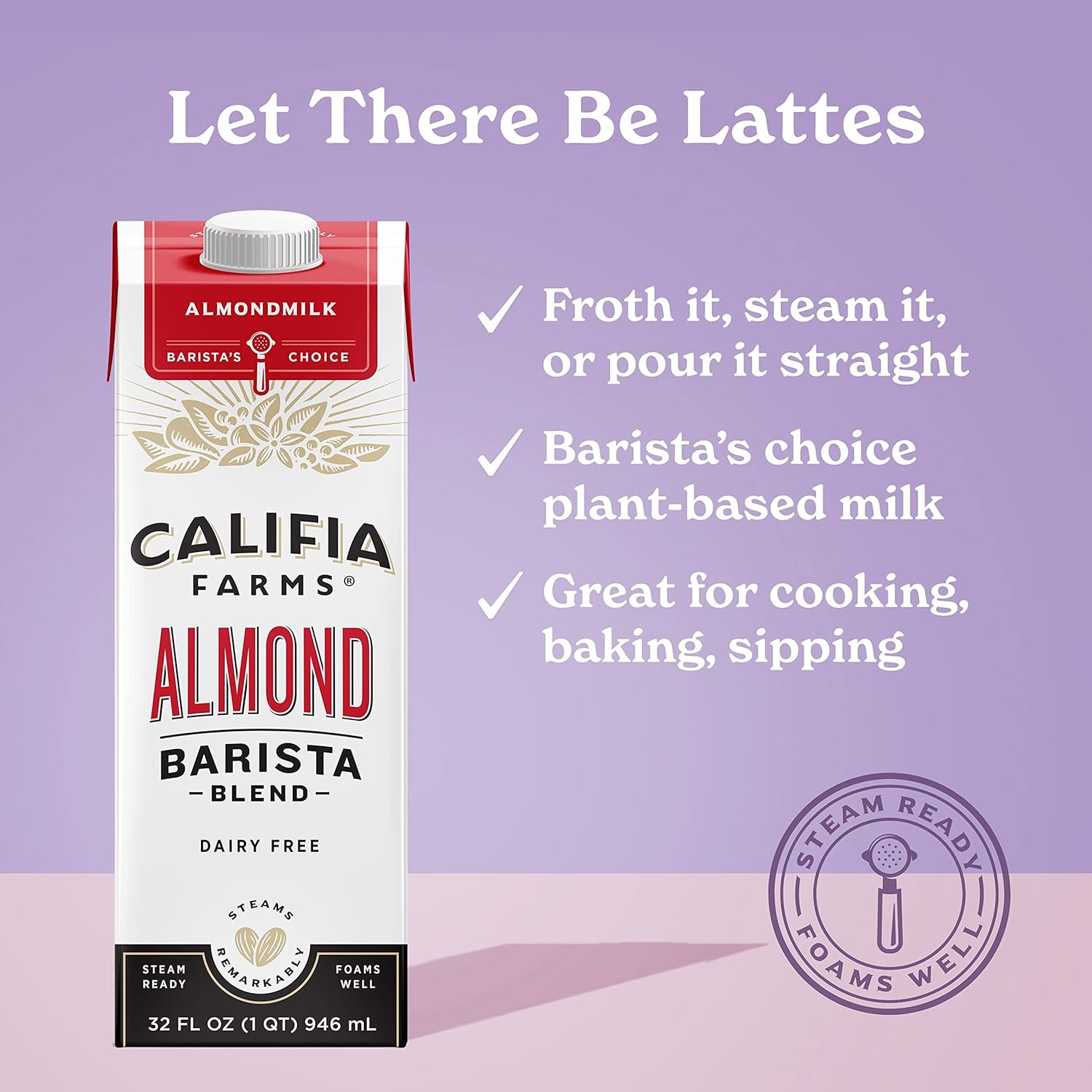 Califia Farms - Original Almond Barista Blend Almond Milk 32 Oz (Pack Of 6), Shelf Stable, Dairy Free, Plant Based, Vegan, Gluten Free, Non GMO, High Calcium, Milk Frother, Creamer-1