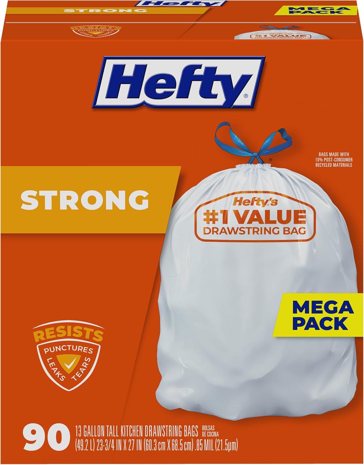 Hefty Strong Tall Kitchen Trash Bags, Unscented, 13 Gallon, 90 Count-0