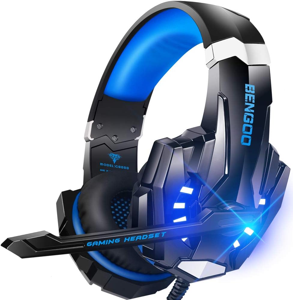 BENGOO G9000 Stereo Gaming Headset for PS4 PC Xbox One PS5 Controller, Noise Cancelling Over Ear Headphones with Mic, LED Light, Bass Surround, Soft Memory Earmuffs (Blue)-0