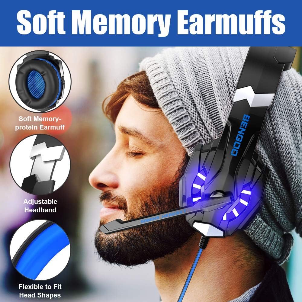 BENGOO G9000 Stereo Gaming Headset for PS4 PC Xbox One PS5 Controller, Noise Cancelling Over Ear Headphones with Mic, LED Light, Bass Surround, Soft Memory Earmuffs (Blue)-2