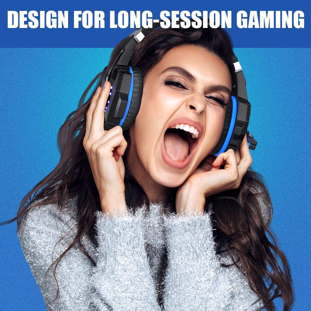 BENGOO G9000 Stereo Gaming Headset for PS4 PC Xbox One PS5 Controller, Noise Cancelling Over Ear Headphones with Mic, LED Light, Bass Surround, Soft Memory Earmuffs (Blue)-6