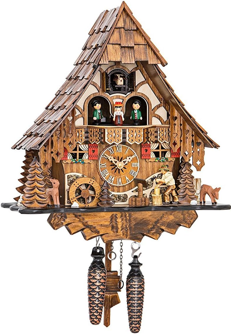 Engstler Quartz Cuckoo Clock Black Forest House with Moving Wood Chopper and Mill Wheel, with Music EN 4661 QMT-0