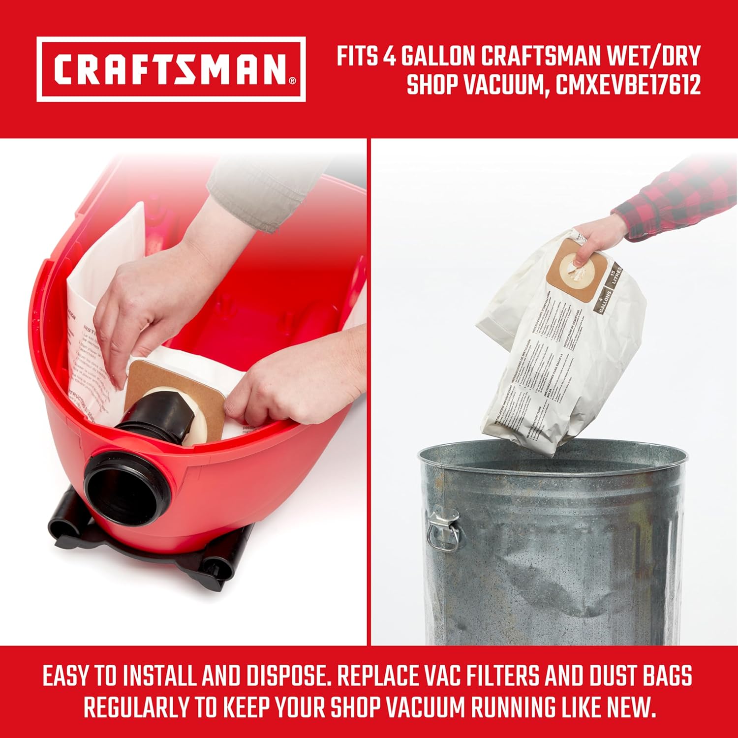 CRAFTSMAN CMXZVBE43270 Fine Dust Wet/Dry Vac Dust Collection Bags for 4 Gallon Shop Vacuums, 2-Pack-2