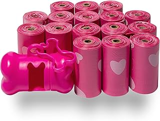 Best Pet Supplies Dog Poop Bags (240 Bags) for Waste Refuse Cleanup, Doggy Roll Replacements for Outdoor Puppy Walking and Travel, Leak Proof and Tear Resistant, Thick Plastic - Pink Heart