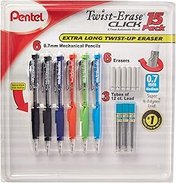 Pentel Twist-Erase Click Mechanical Pencil Set - 6 Mechanical Pencils, 6 Extra Erasers, 3 Tubes of Lead Refills