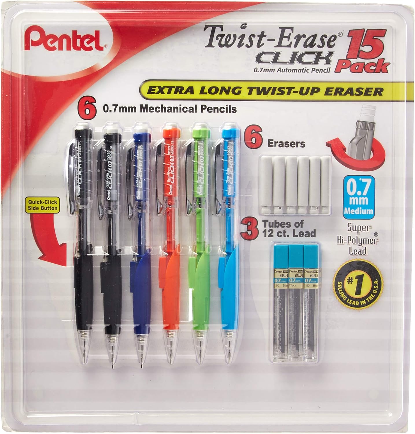 Pentel Twist-Erase Click Mechanical Pencil Set - 6 Mechanical Pencils, 6 Extra Erasers, 3 Tubes of Lead Refills-0