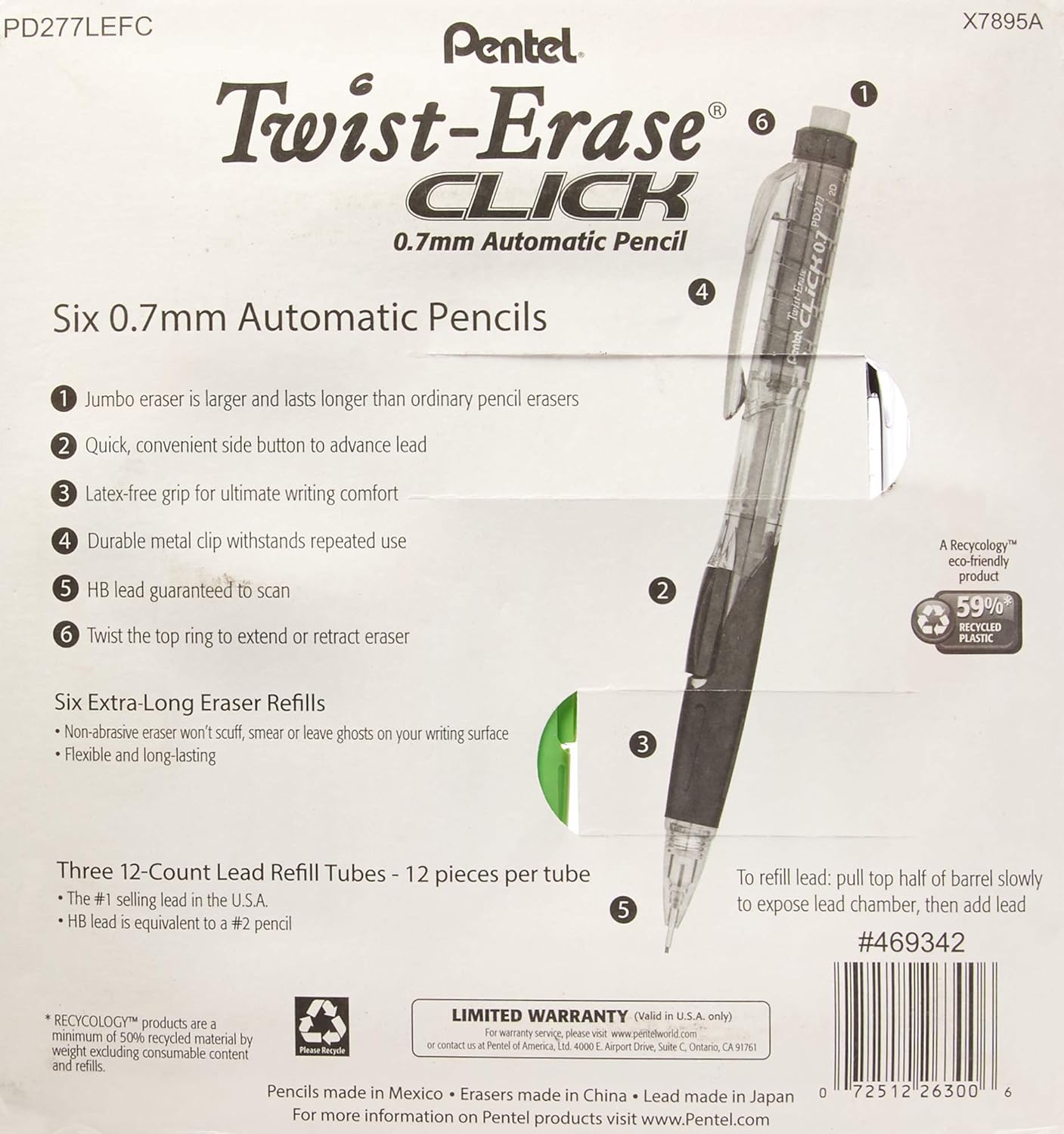 Pentel Twist-Erase Click Mechanical Pencil Set - 6 Mechanical Pencils, 6 Extra Erasers, 3 Tubes of Lead Refills-1