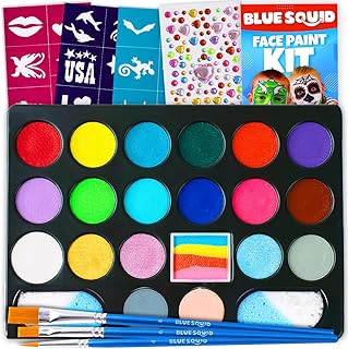 Blue Squid Face Painting Kit for Kids – 22 Colors 160pc Ultimate Face Paint Kit, Stencils, Book - Safe for Sensitive Skin, Non Toxic Face Painting Kit Professional - Kids Party, Halloween Makeup Kit