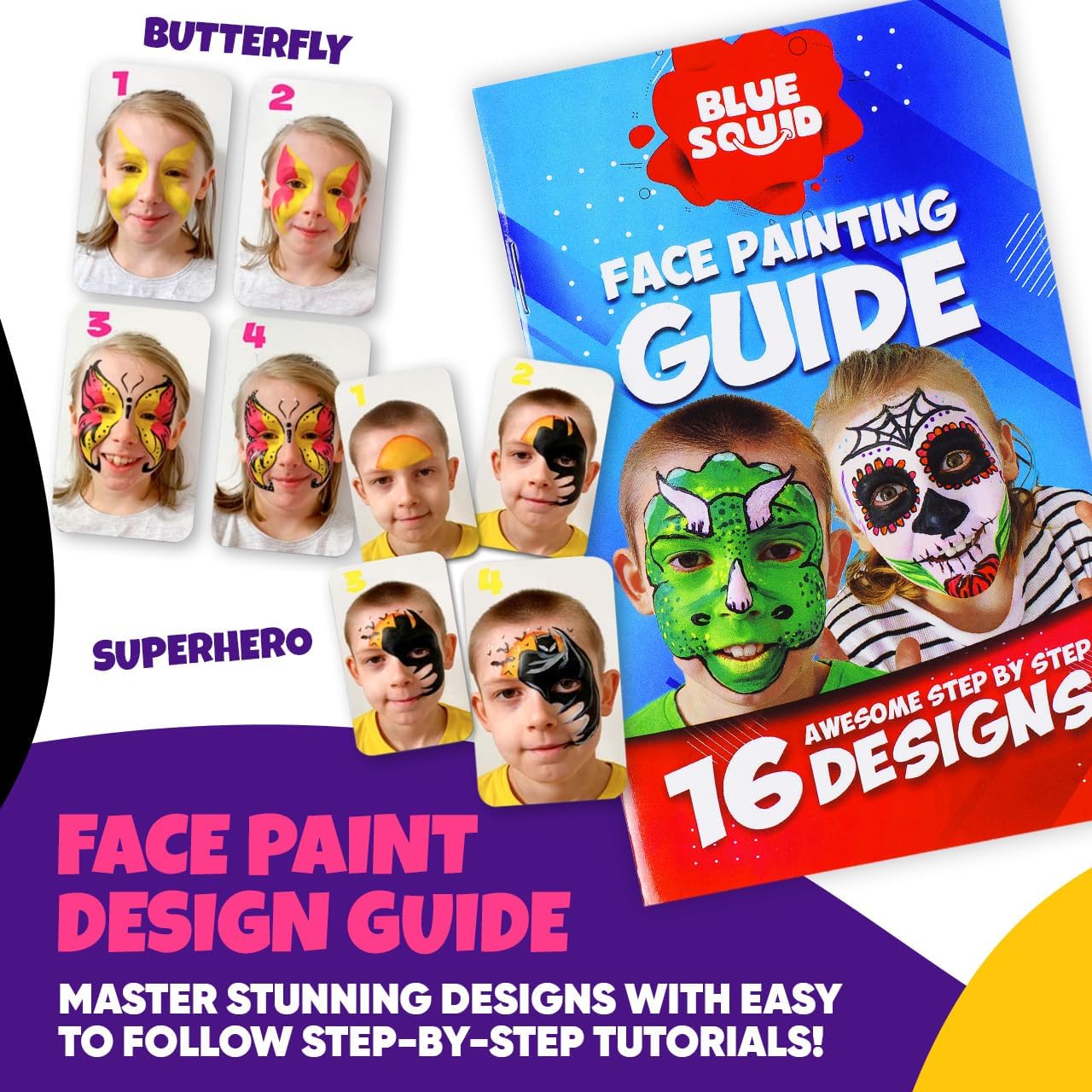 Blue Squid Face Painting Kit for Kids – 22 Colors 160pc Ultimate Face Paint Kit, Stencils, Book - Safe for Sensitive Skin, Non Toxic Face Painting Kit Professional - Kids Party, Halloween Makeup Kit-7