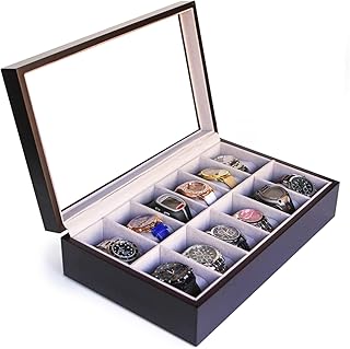 CASE ELEGANCE Solid Espresso Wood Watch Box Organizer with Glass Display Top 12 slot (Espresso)