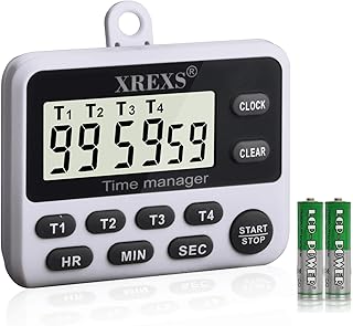 XREXS 4 Channels Digital Kitchen Timer Clock, Cooking Timer with Large LCD Display, 4 Groups Simultaneous Timing Countdown Up Pocket Timer, Magnetic Attachable (Battery Included) (396)