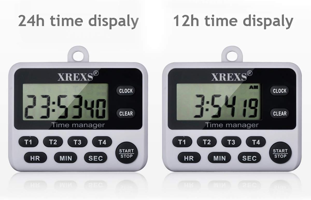 XREXS 4 Channels Digital Kitchen Timer Clock, Cooking Timer with Large LCD Display, 4 Groups Simultaneous Timing Countdown Up Pocket Timer, Magnetic Attachable (Battery Included) (396)-4