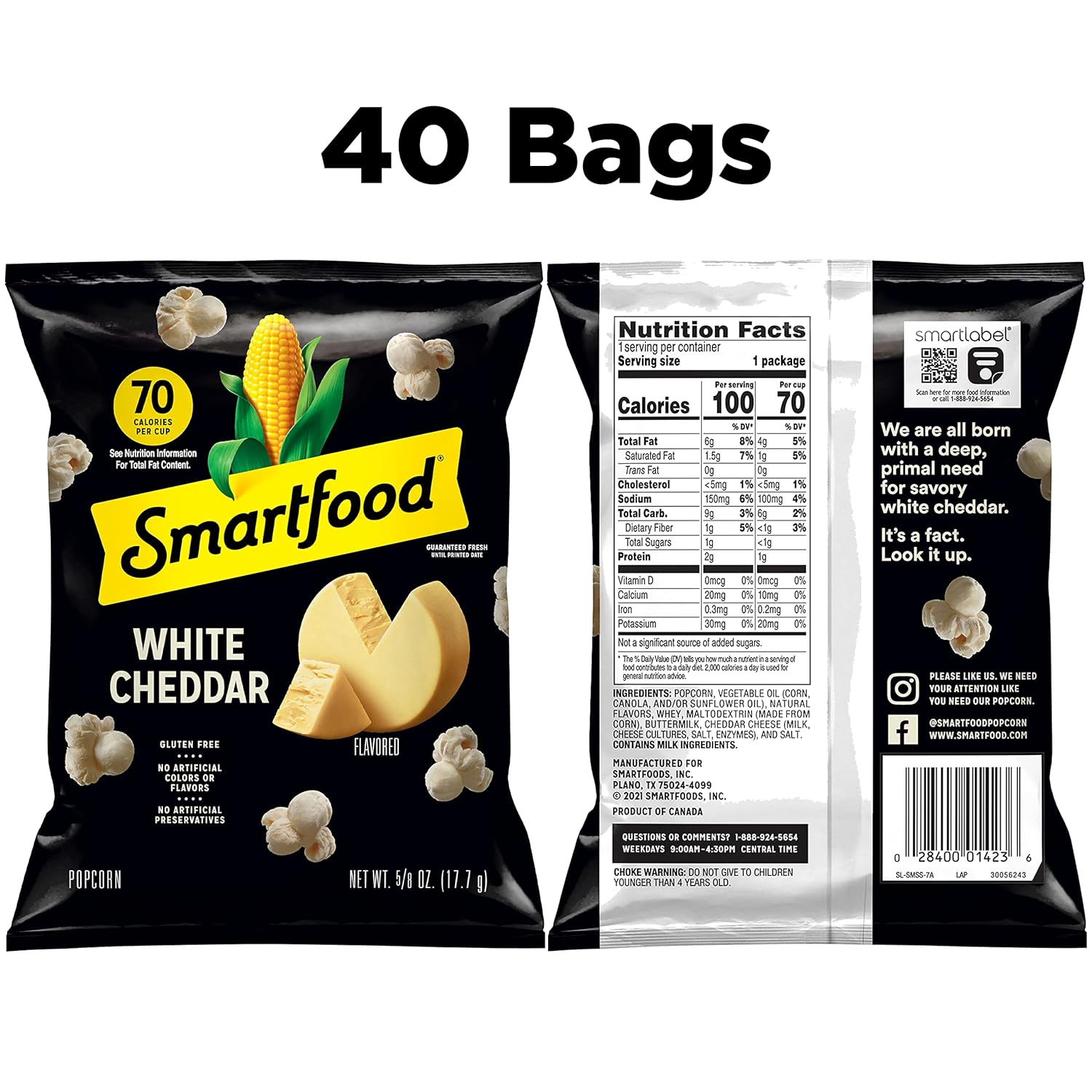 Smartfood Popcorn, White Cheddar, 0.625 Ounce (Pack of 40)-1