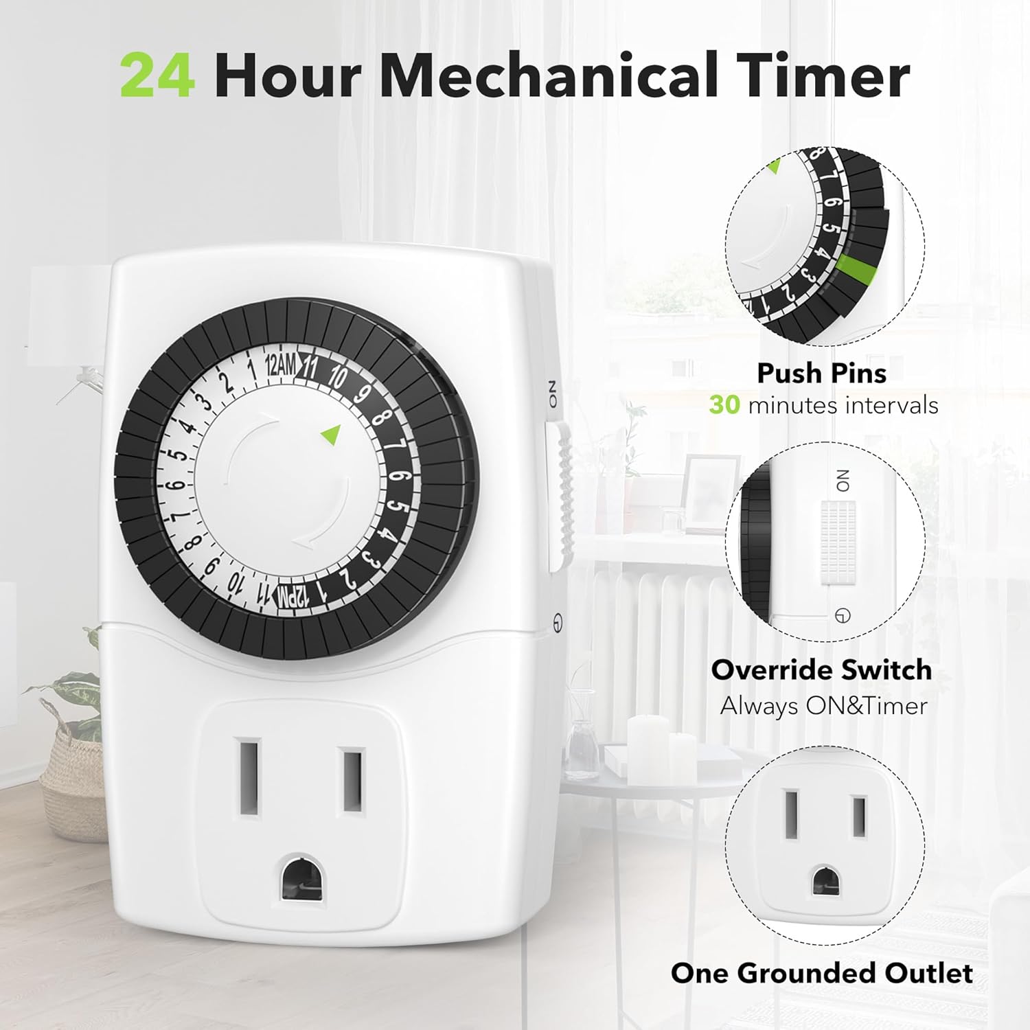 BN-LINK BND-60/U47 Indoor Mini 24-Hour Mechanical Outlet Timer, 3-Prong, 2-Pack-1