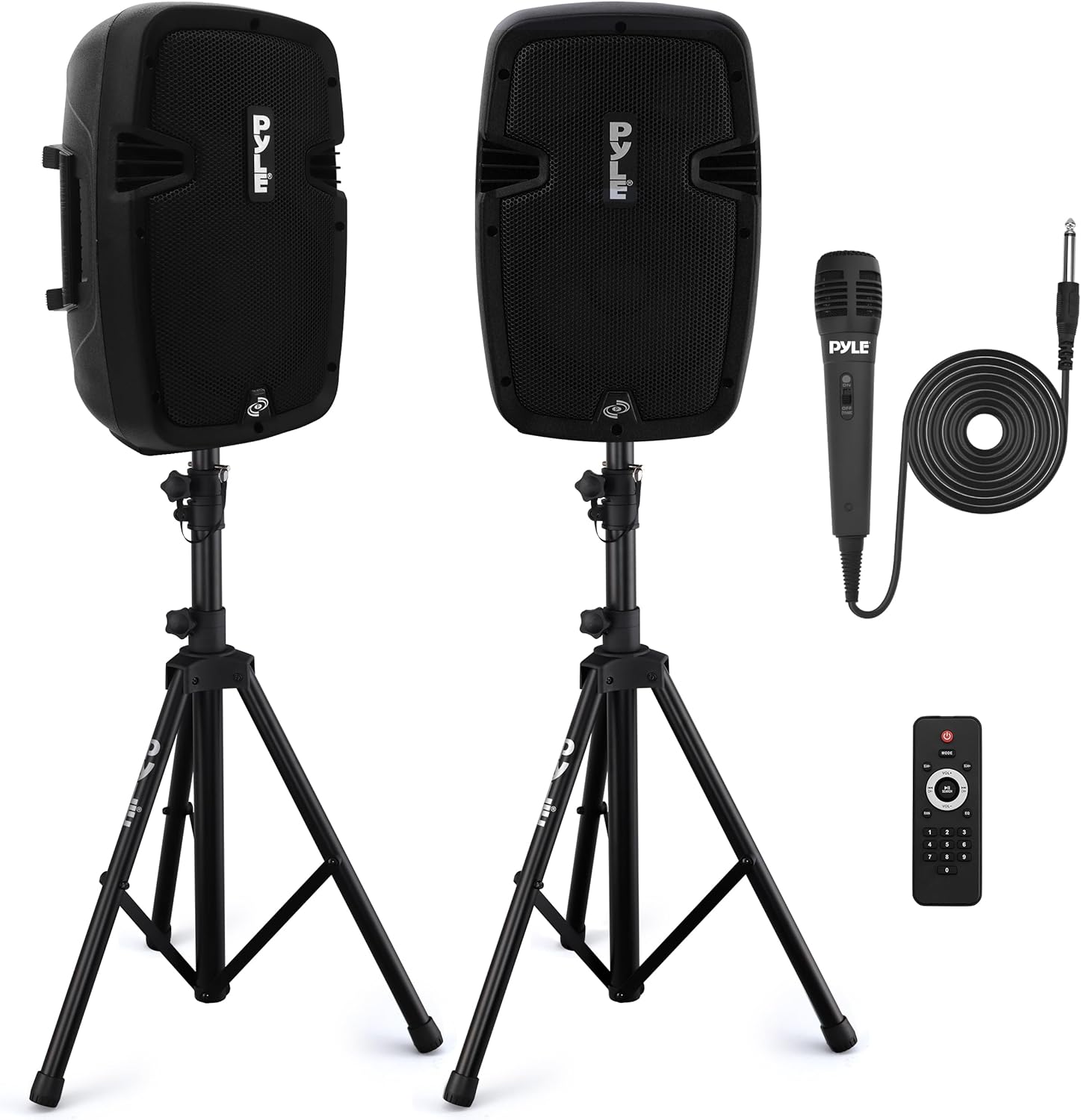 Pyle Powered PA Speaker System Active & Passive Bluetooth Loudspeakers Kit with 8 Inch Speakers, Wired Microphone, MP3/USB/SD/AUX Readers, Speaker Stands,Remote Control - Pyle PPHP849KT Black-0